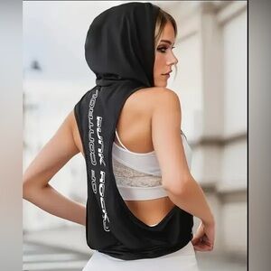 Black Sleeveless Open Sides Hoodie • Drawstring Lightweight Large NWOT